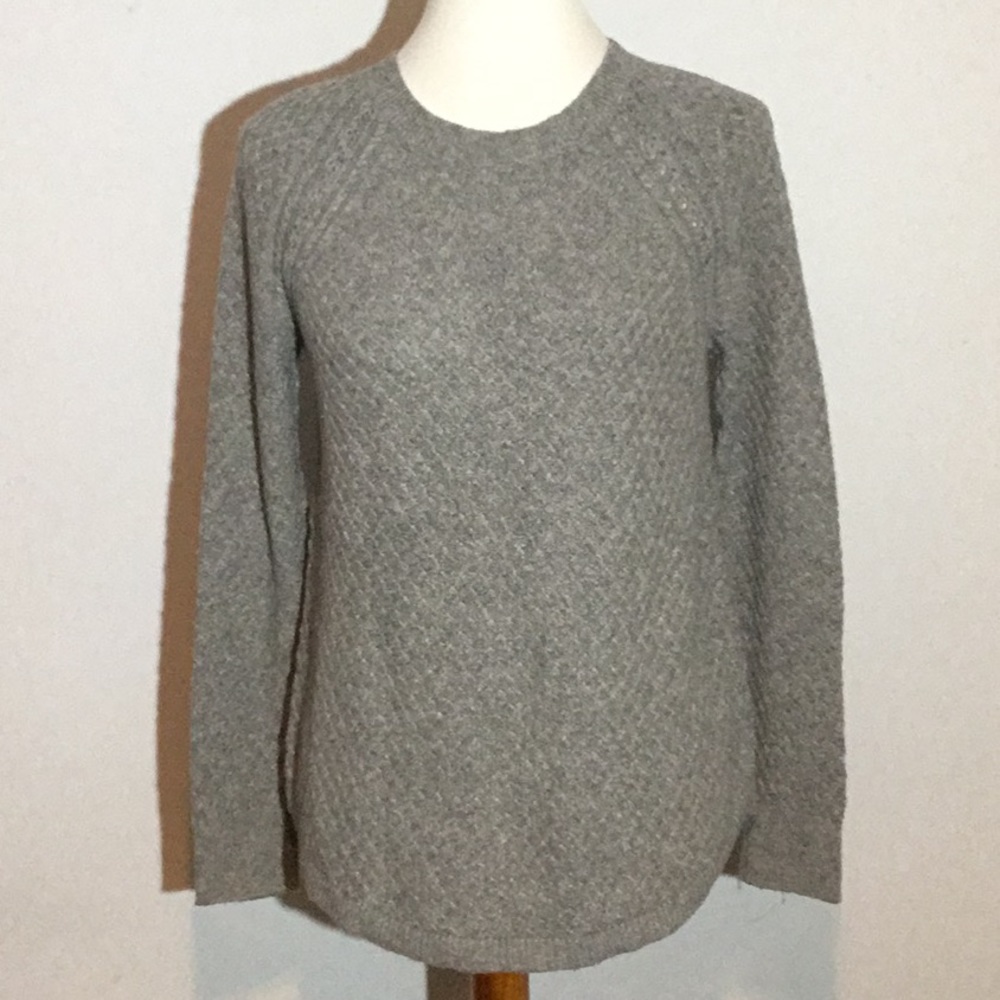 LOFT sweater, crew neck, U shape hem front and back, color is gray, soft, Small